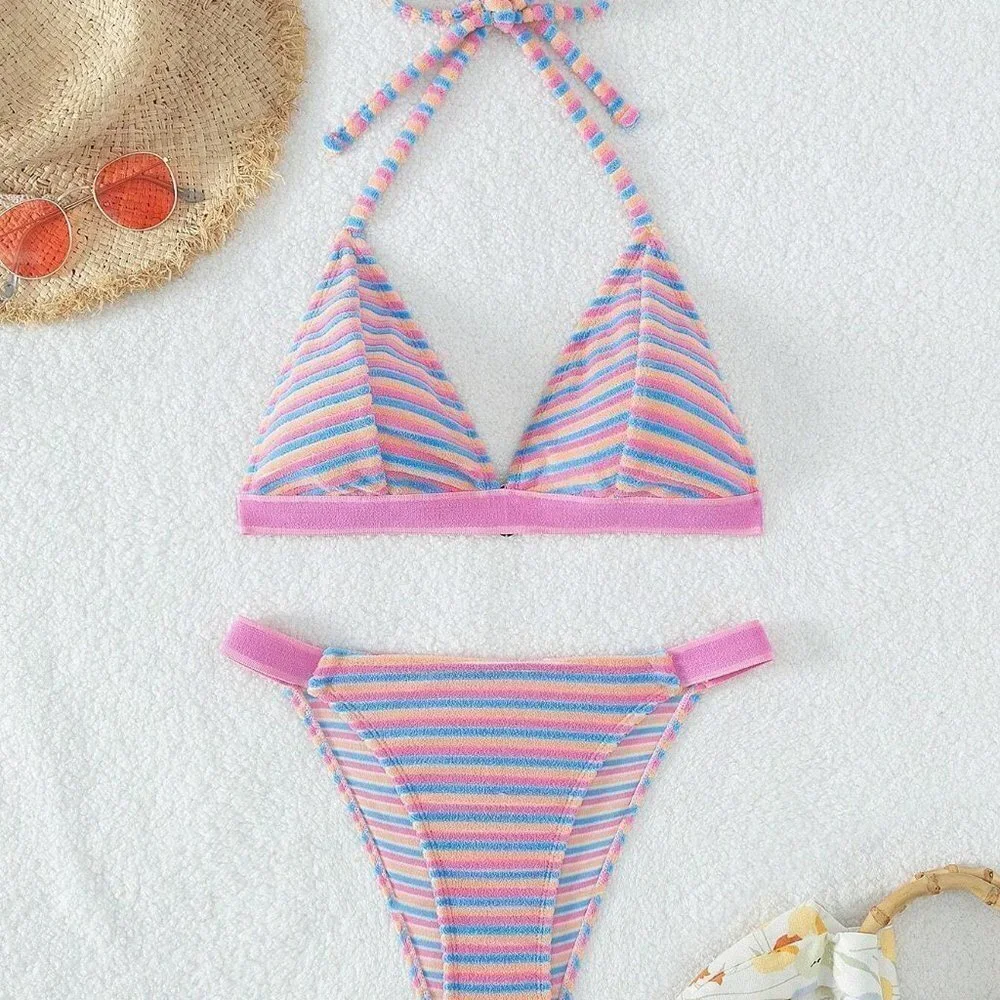Womens Striped Halter Triangle Bikini Swimsuit